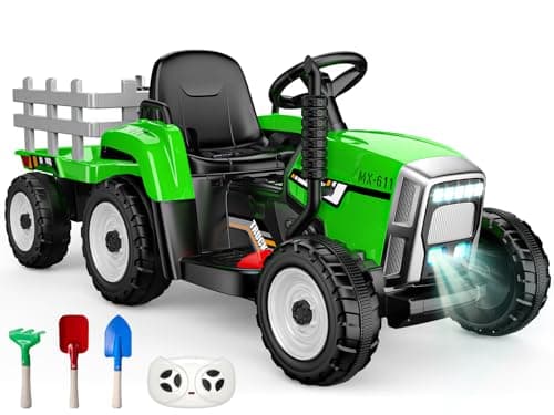 Image of Ride On Tractor With Detachable Trailer: Remote Control Tractor Toys for 3-12 Year Old Kid, 12v Kid‘s Electric Vehicles With Led Headlights, Ride On Car Gifts For Kids 3+