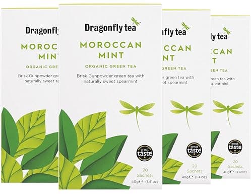 Image of Dragonfly Moroccan Mint Tea | Pack of 4 x 20 Organic Teabags (80 Teabags) | Mint Tea Bags | Green Tea Bag | Reviving & Sweet | Compostable Tea Bags
