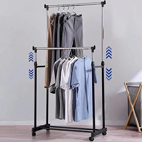 Image of Vivo Technologies Double Adjustable Tidy Rack Mobile Garment Rack Clothes Clothing Rail Stand on Castor Wheels with Hanging Rail and Storage Shelf