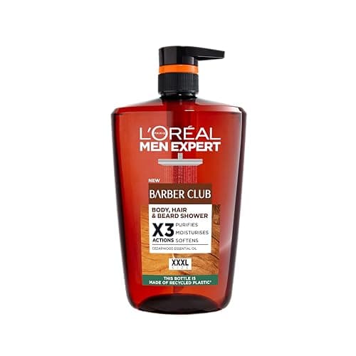 Image of L'Oréal Men's Shower Gel, Men Expert Barber Club 3-in-1 Body Wash 1L Pump, Cedarwood Oil for Body, Hair & Beard Grooming, Deep Cleanse & Active Moisturisation