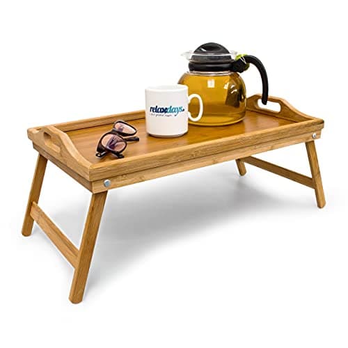 Image of Relaxdays Bamboo Wooden Breakfast in Bed Tray, 50 x 30 x 23 cm Serving Tray With Folding Legs And Handles, Natural Brown