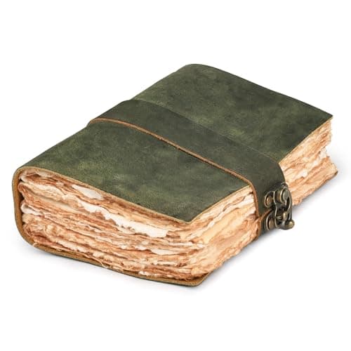 Image of LEATHER VILLAGE Leather Bound Vintage Journal for Women & Men - Book of Shadows - Lock Closure - 200 Pages of Antique Deckle Edges Handmade Watercolor Paper - Green - 13X8 inches