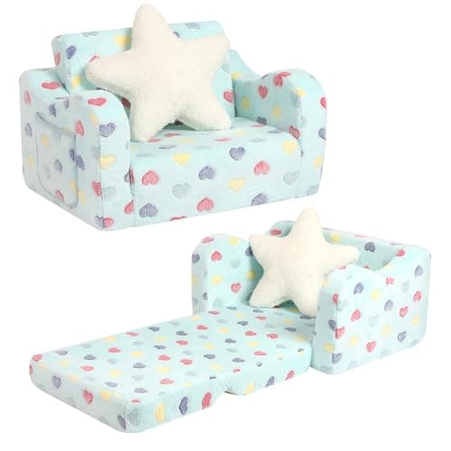 Image of BestRoyal Toddler Couch Fold Out, 2-IN-1 Convertible Sofa with Star Pillow, Toddler Chair to Lounger for Girls and Boys, 1-Seat