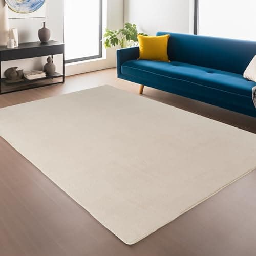 Image of Snuggly Plain Living Room Area Rug Super Soft Polyester Rug Cut Pile Anti-Slip Backing Machine Washable Modern Rug for Living Room Bedroom Hallway 9 Colours- Cream- 80 x 120 cm (Rectangular)