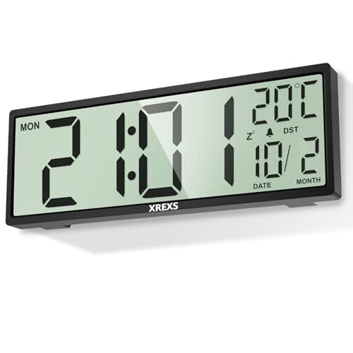 Image of XREXS 14.5'' Large Digital Wall Clock with Jumbo Numbers, Battery Operated, Auto DST, Large Digital Clock with Day/Date/Alarm/Temperature, for Living Room, Bedroom, Desk Decor