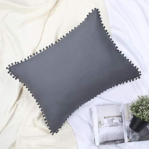 Image of Pom Pillow Shams Grey Standard Set of 2 Pom Fringe Pillowcase Charcoal Boho Chic Decorative Tassel Trimmed 100% Cotton Dark Gray 20x26