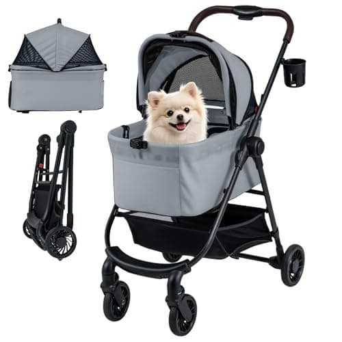 Image of Maxmass 3 in 1 Foldable Pet Stroller, 4 Wheel Dog Pushchair with Detachable Car Seat Carrier, Adjustable Canopy, Storage Basket, Cup Holder, Travel Dog Buggy Pet Pram for Small Dogs Cats (Grey)