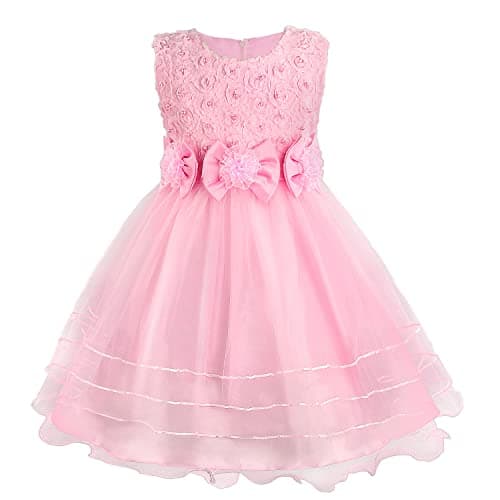 Image of Discoball Girls Princess Dress, Rose Flower Bow Tie Party Dresses, Tulle Wedding Dress Bridesmaid Christening Elegant Formal Dresses for Girls(Pink), 6-7 Years