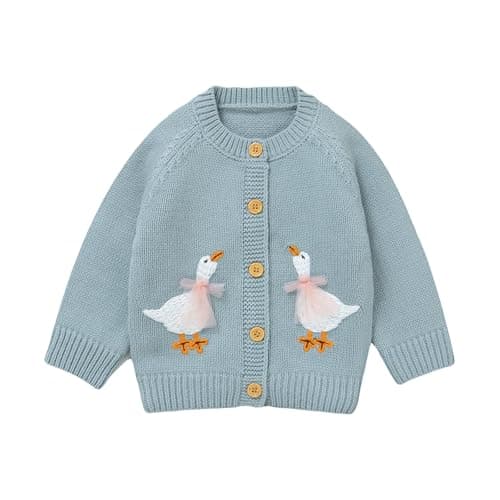 Image of DovFanny Baby Toddler Girl Cardigan Warm Sweater Floral Long Sleeve Jumpers Coats Knitted Clothes with Cute Goose (UK, Age, 12 Months, 18 Months, Blue)