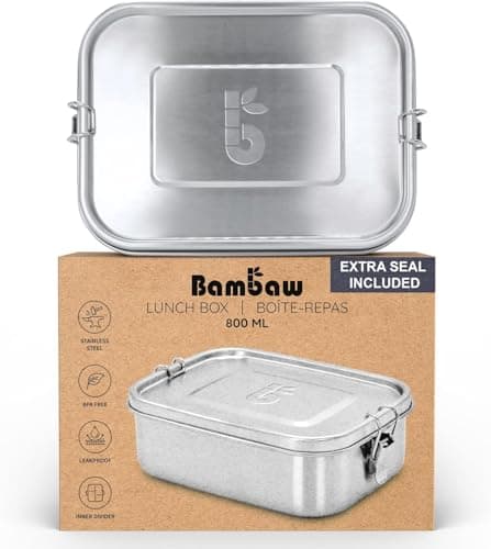Image of Bambaw Metal Lunchbox 800 ml | Lunch Containers with Dividers | Small Stainless Lunch Box for Kids | Leakproof Food Container | Eco Lunch Box | Metal Tin | Metal Box with Lid 800 ml | Sandwich Box