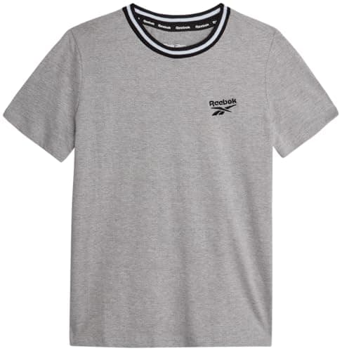 Image of Reebok Boys Short Sleeve Casual Cotton Crew Neck Logo Graphic T Shirts for Boys (Sizes 4-20), Light grey mottled embroidery, 10-12