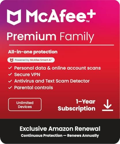 Image of McAfee+ Premium Family Unlimited Devices | Amazon Exclusive|12 -Months| Antivirus, VPN, Scam Protection, Identity Monitoring | Annual auto-renewing Amazon subscription