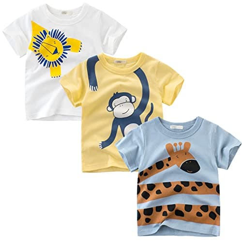 Image of LAUSONS Pack of 3 Kids Short Sleeve Cotton Casual T-Shirts Toddler Tops Cartoon Set 1-2 Years/Size 90