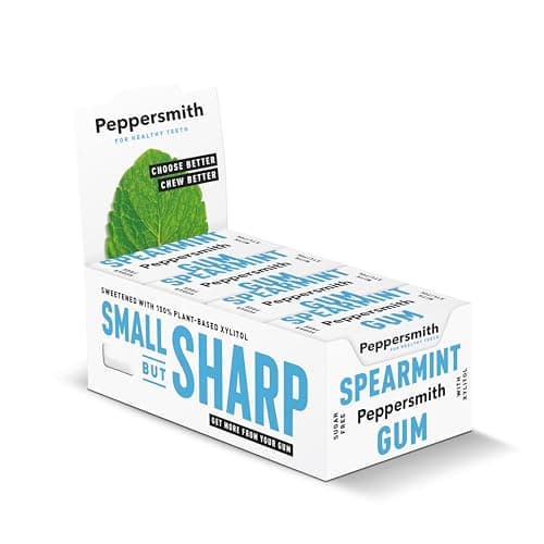 Image of Peppersmith - Spearmint Chewing Gum - Xylitol Gum - Sugar Free Gum - 100% Plant Based Xylitol - Breath Freshener - Benefits Oral Health - Pocket Pack - 12x15g