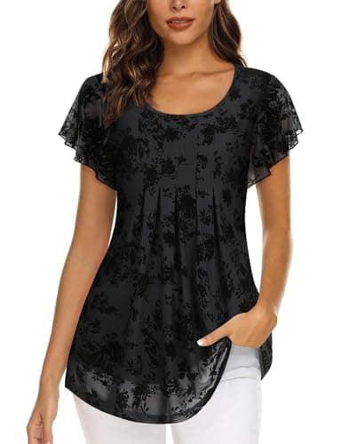 Image of Akiooue Ladies Blouses Size 14, Short Sleeve Tops for Women UK Womens Crew Neck Tops Ladies Going Out Tops Womens Ruffle Flowy Pleated Blouse Casual Elegant Chiffon Tops