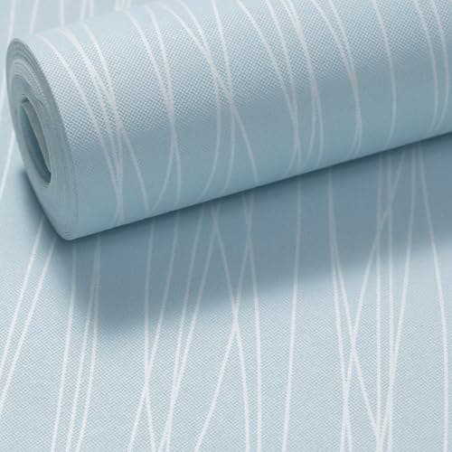 Image of Swehooirt Light Blue Striped Wallpaper Modern Silver Metallic Striped Effect Wallpaper Flocking Textured for Bedroom Living Room TV Backdrop Hallway Lounge Hall