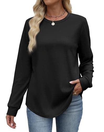 Image of WIHOLL Long Sleeve Tops Women Lightweight Jumpers Crewneck Sweaters for Women Curved Hem Casual Tunic Shirts Black Size 22-24