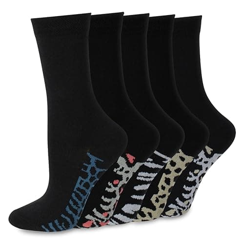 Image of Socksmad Women's Black Crew Socks Size UK 4-7, 5 Pairs of Comfortable, Breathable Cotton Socks, Trendy Animal Patterns, Ideal for Work or Casual Wear, Durable, Stylish Gift Option, Designed in England