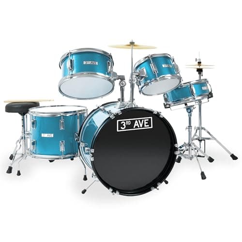 Image of 3rd Avenue Junior Kids Beginner Drum Kit, 5-Piece Drum Set with Cymbal, Stool and Sticks in Blue - FREE 6 Month Lessons