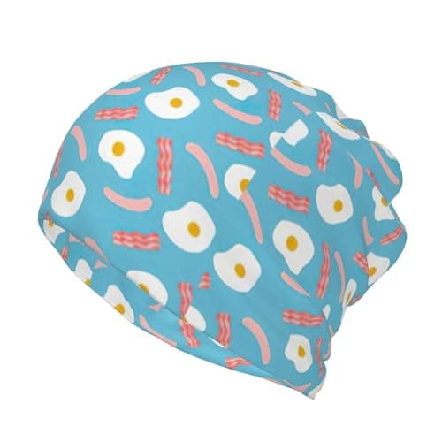 Image of Hot Dog Egg Pattern Print Unisex Beanie Hat Stretch Skull Cap Slouchy Head Headband Scarf Hip Hop Hats