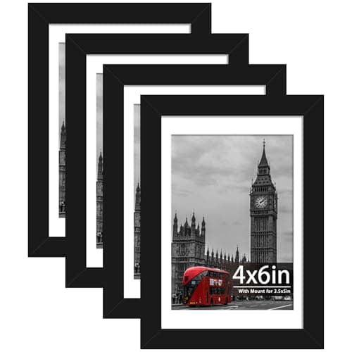 Image of Tinkeps 4 Pack 6x4 Black Picture Frame, Engineered Wood and Plexiglass, 6x4 Frame with Mount for 3.5x5 inch Prints, Photos, and Posters, Tabletop and Wall Mountable