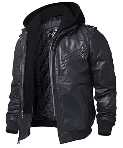Image of FLAVOR Men's Real Leather Jacket with Removable Hood Brown Genuine leather (Black, XXX-Large, 3x_l)
