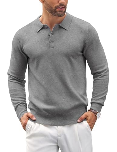 Image of COOFANDY Mens Polo Jumper Long Sleeve Poloshirts Knitted Sweater Basic Sweatshirts Solid Color Pullover Grey L