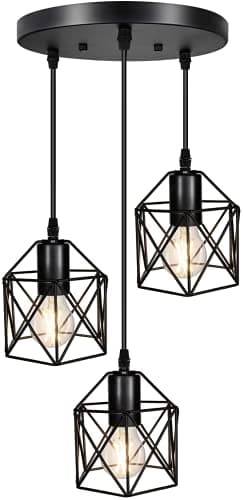 Image of Beleben Vintage 3-Lights Ceiling Lamp Adjustable Hanging Pendant Lights Industrial Flush Mount Ceiling Lighting Fixture E27 Base Black Geometric Ceiling Hanging Lamp for Kitchen Dinning Room Hallway