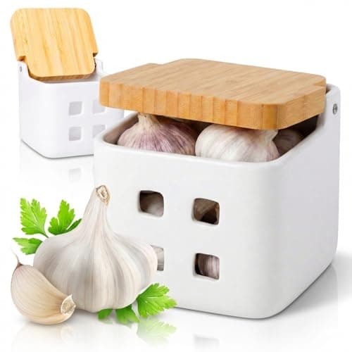 Image of KOOK TIME Ceramic Garlic Keeper with Bamboo Swivel Lid | Garlic Storage Pot with Ventilation Holes for Freshness | Shiny white and Natural Bamboo, 11.5 x 11.5 x 11.5 cm