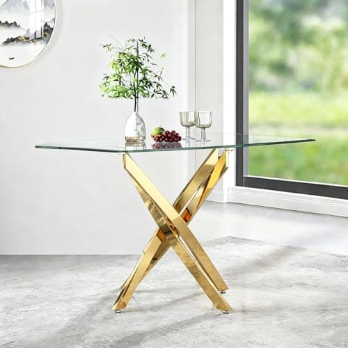 Image of GOLDFAN Tempered Glass Dining Table, Modern Rectangular Kitchen Table with Gold Chrome Legs for Home,Dining Room,Office