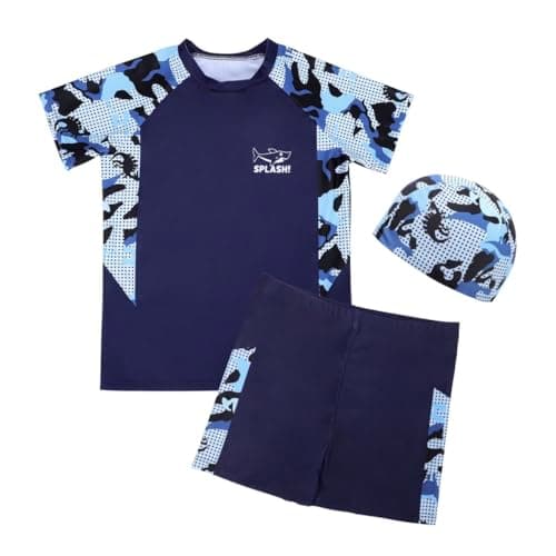 Image of Mayoii Boys Swimming Costume,Big Kids Swim Trunks & Short Sleeve Rash Guard Shirt & Swim Cap,Two Piece Swimsuit T-Shirt Short Set (UK, Age, 6 Years, 7 Years, Regular, Standard, Blue Shark)