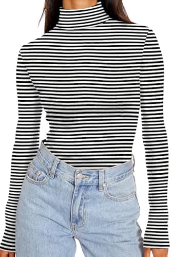 Image of DUOEASE Turtleneck Pullover Women's Basic Plain Long Sleeve Shirt Women's Autumn Winter Tops Turtleneck Long Sleeve T-Shirt Elegant Casual Top, Black and white stripes, XS