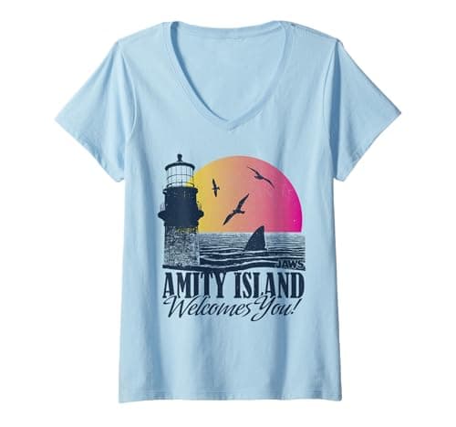 Image of Women's Jaws Amity Island Welcomes You Sunset V-Neck T-Shirt