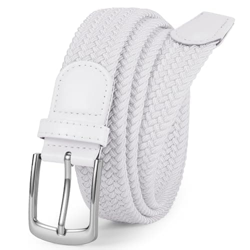 Image of VONMELLI Mens Elastic Woven Golf Belt Casual Stretch Braided Web Belt 1 3/8" Gift for Golf Pants Shorts Jeans White Fit Waist 35"-38"