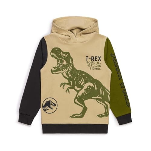 Image of Jurassic World Boys Dinosaur Hoodie – Official T-Rex Sweatshirt Jumper, 100% Cotton Pullover Top, Kids Clothing Ages 4-5 to 9-10 Years (8-9 Years) Khaki