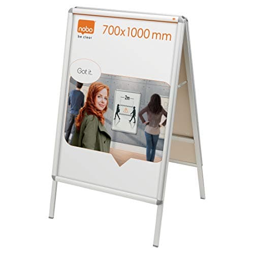 Image of Nobo A-Board Sign Holder With Snap Frame, 700 x 1000 mm, Free-Standing, Double-Sided, Aluminium Trim, Anti-Glare Protective Cover, Premium Plus, Silver, 1902205