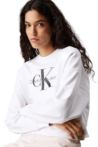 Image of Calvin Klein Women’s Round Neck Monologo French Terry Sweatshirt, White (Brilliant White), XXS