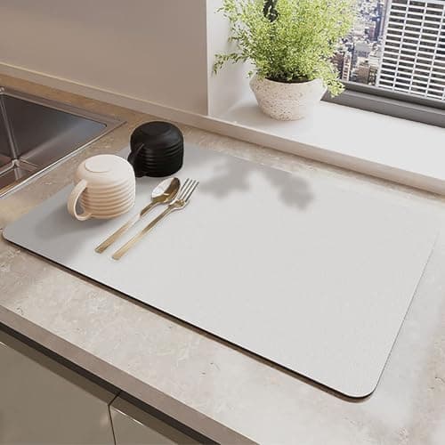 Image of Draining Mat, Kitchen Super Absorbent Draining Mat, Super Absorbent Kitchen Counter Mat, Coffee Machine Mat, Quick Dry Dish Drainer Mat, Anti Slip Drainer Mat for Kitchen Counter , White, 30*50cm