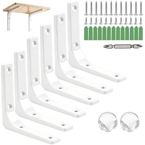 Image of Dwsdws 6 Pcs Shelf Bracket 100x100mm White Heavy Duty L Shape Wall Mounted Metal Brackets Right Angle Bracket Hanging Shelf Support with Screws and Expansion for Bookshelf Wood Board Furniture Shelves