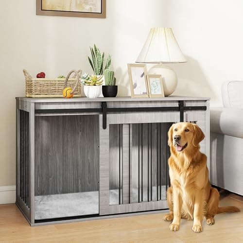 Image of PawHut Dog Crate Furniture, Heavy Duty Dog Cage with Barn Door for Extra Large Breeds, End Side Table Pet Kennel with Removable Cushion for Indoor Use, 118 x 60 x 73 cm, Grey