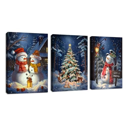 Image of 3 Pcs Blue Christmas Ambience Snow Scene Canvas Wall Art Cute Snowman Moose Lighting Nightscape Pictures Canvas Print Paintings for Living Room Bedroom Office Ready To Hang Stretched On Frame 30x40x3