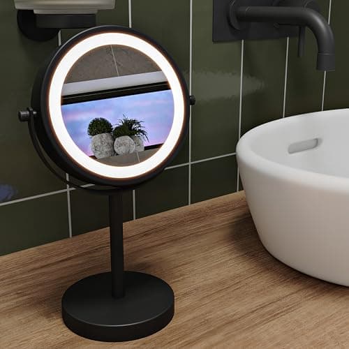 Image of Croydex Illuminated Magnifying Bathroom LED Mirror Battery Operated, Free Standing, Adjustable Dual Sided, 3X Magnification and Reverse True View Make Up Mirror (Black)