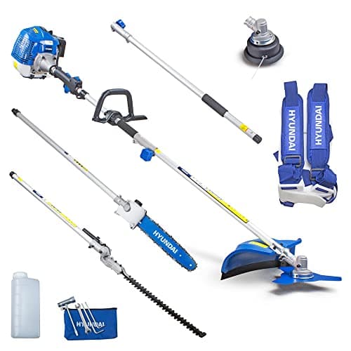 Image of Hyundai 5 in 1, 52cc Long Reach Petrol Garden Multi Tool with 430mm Grass Trimmer, 425mm Hedge Trimmer, 10" Chainsaw, Brushcutter, 2-Stroke with 3 Year Warranty