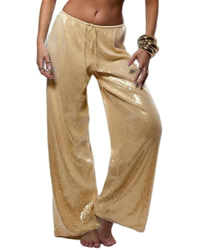 Image of Acrawnni Women's Y2K Sequin Sparkle Pants Elastic Waist Drawstring Sparkly Glitter Wide Leg Disco Pants Party Club Dance Straight Leg Trousers (A-Yellow, M)
