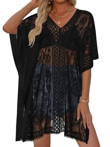 Image of Beach Coverups for Women Lace Kimono Bikini Cover Up Elegant Swimsuits Beachwear for Holiday(Black)