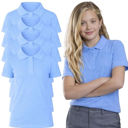 Image of Panzy 4 Pack Girls Plain 100% Cotton Polo Shirts Children School T-Shirt Uniform Summer Ages 3-10 Years (UK, Age, 5 Years, 6 Years, Regular, 4 pk Sky Blue)