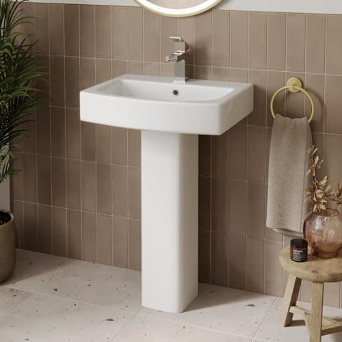 Image of Modern Bathroom Wash Basin Sink Full Floorstanding Pedestal Square Single Tap Hole White Ceramic