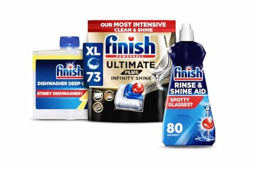 Image of Finish Ultimate Plus Infinity Shine Dishwasher Tablets bulk 73 Dishwasher Tabs + Dishwasher Machine Cleaner Lemon 250ml + Dishwasher Rinse & Shine Aid 400ml, For Drier Glasses and Spot Prevention