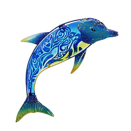 Image of John's Studio Dolphin Wall Decor Outdoor Metal FIsh Sea Hanging Art Glass Sculptures Home Ocean Theme Decorations for Living Room, Bedroom, Yard, Fence and Patio - 17.5 Inches