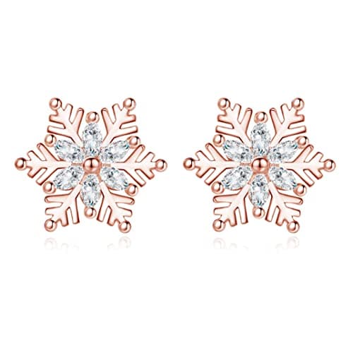 Image of Cangall Silver Christmas Stud Earrings for Women, 925 Sterling Silver Xmas Stud Earrings, Rose Gold Snowflake Stud Earrings with Cubic Zircon, 11mm Cute Cartilage Sleeper Stud Earrings for Girls